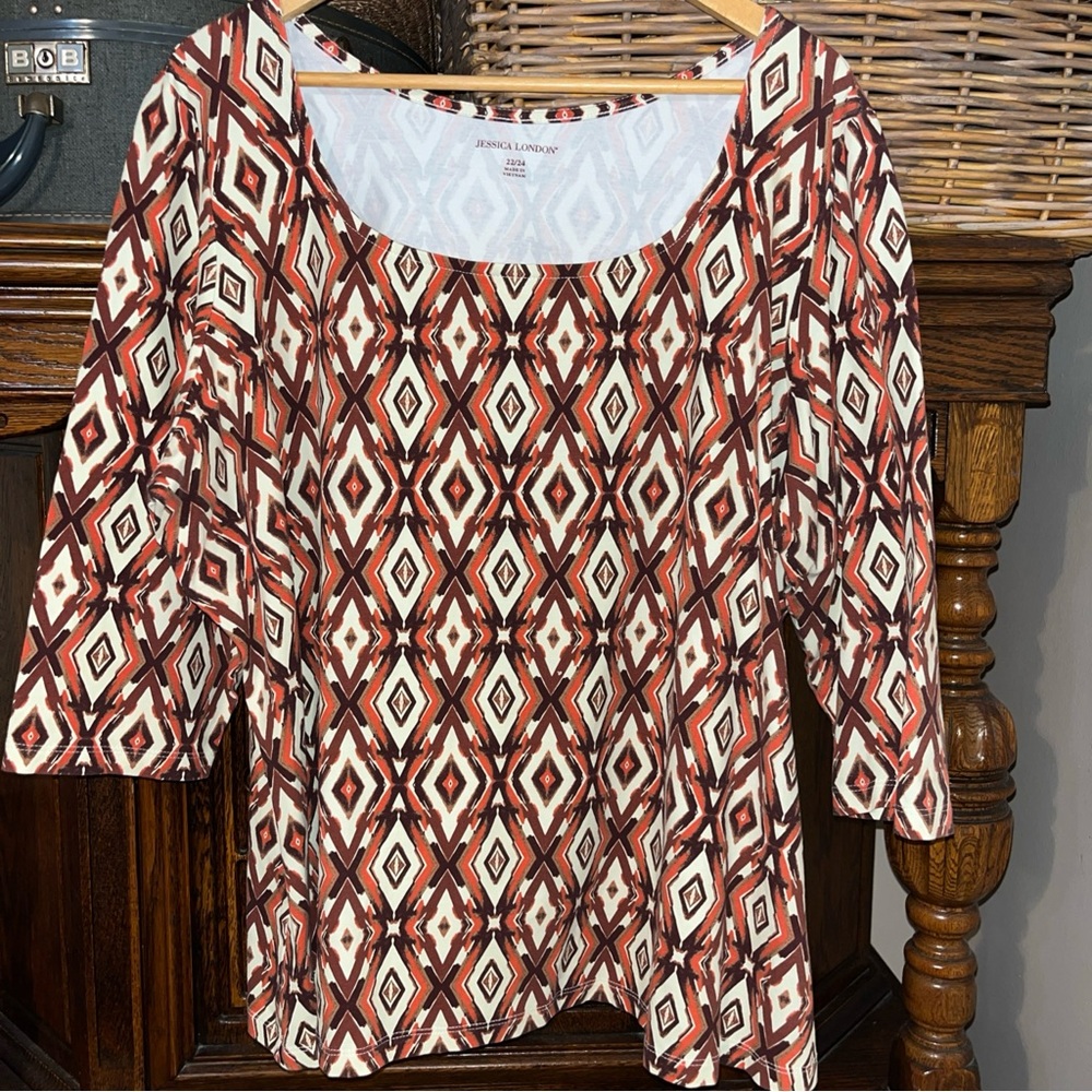 Jessica London Rust & Cream Geometric Scoop Neck top